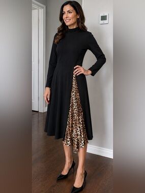 ASOS Black Long Sleeve Dress with Leopard Pleat